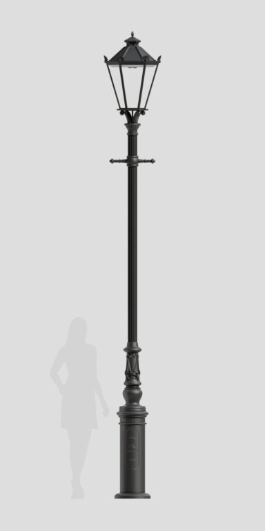 Svart klassisk gatlykta A1B/01L med sexkantigt och transparent hölje, med synlig enkel LED-ljuskälla inuti.