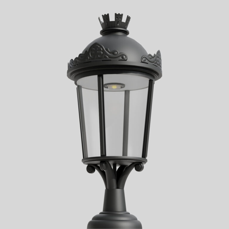 AM7 trädgårdslykta, i retrostil på grå bakgrund, med dekorativt tak och genomskinliga rutor