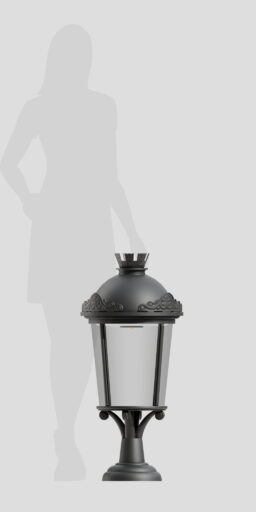 AM7 trädgårdslykta, i retrostil på grå bakgrund, med dekorativt tak och genomskinliga rutor