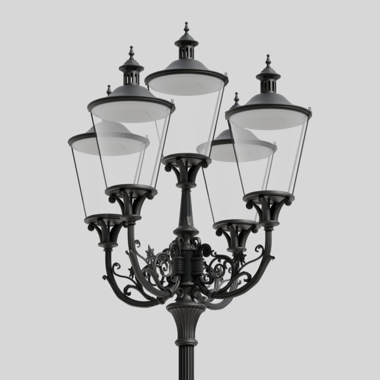Tillverkare av eleganta gatlyktor i gjuten aluminium – femarmad retro-lampa