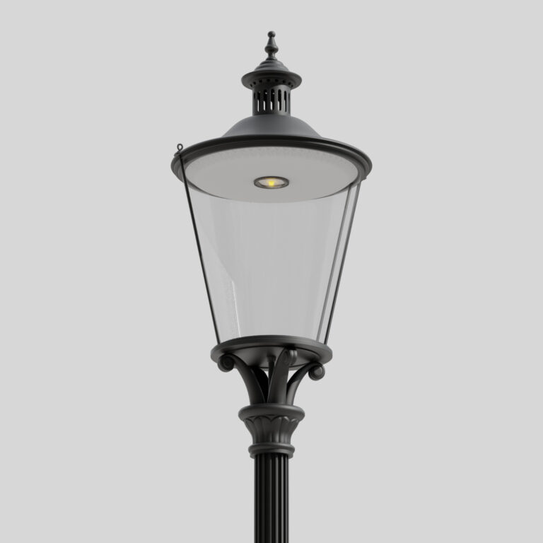 Närbild på en klassisk svart B6/TR-gatlykta i retrostil mot en ljus bakgrund