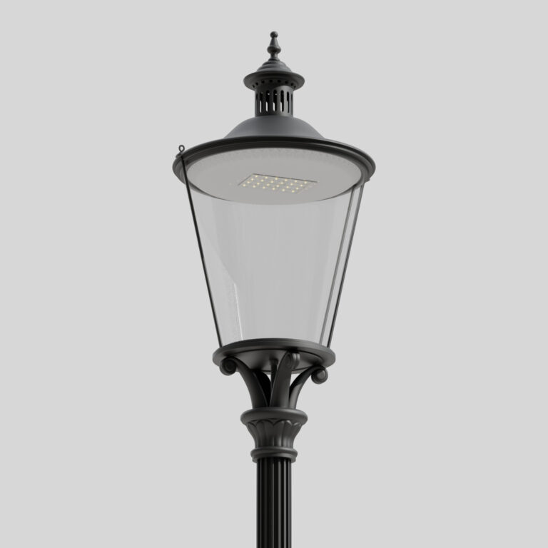 Närbild på en klassisk svart B6/TR-gatlykta i retrostil mot en ljus bakgrund