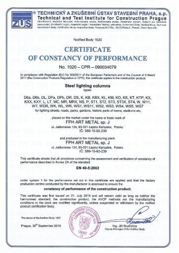 Certyfikat Certificate of constancy of performance - Steel poles