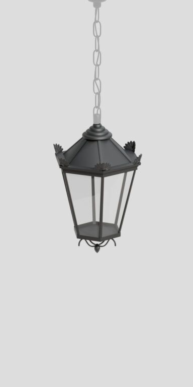 Svart, hängande lykta i retrostil med dekorativa detaljer på toppen och vid basen. Lampan har en sexkantig form, glasade sidor och hänger i en dekorativ kedja. Modell: AM Belinda B.